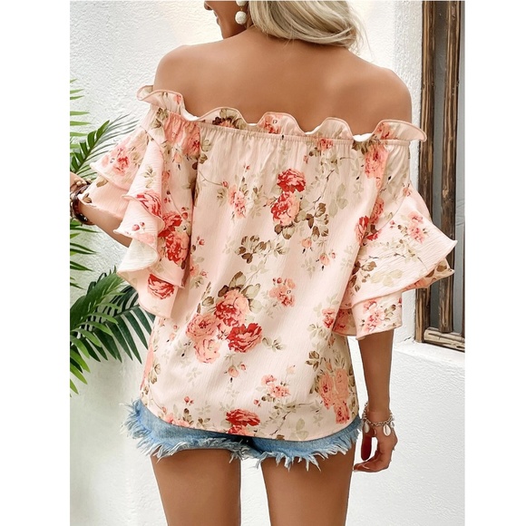 Floral Print Pink Off Shoulder Ruffle Detail Top Blouse Shirt - Picture 4 of 8